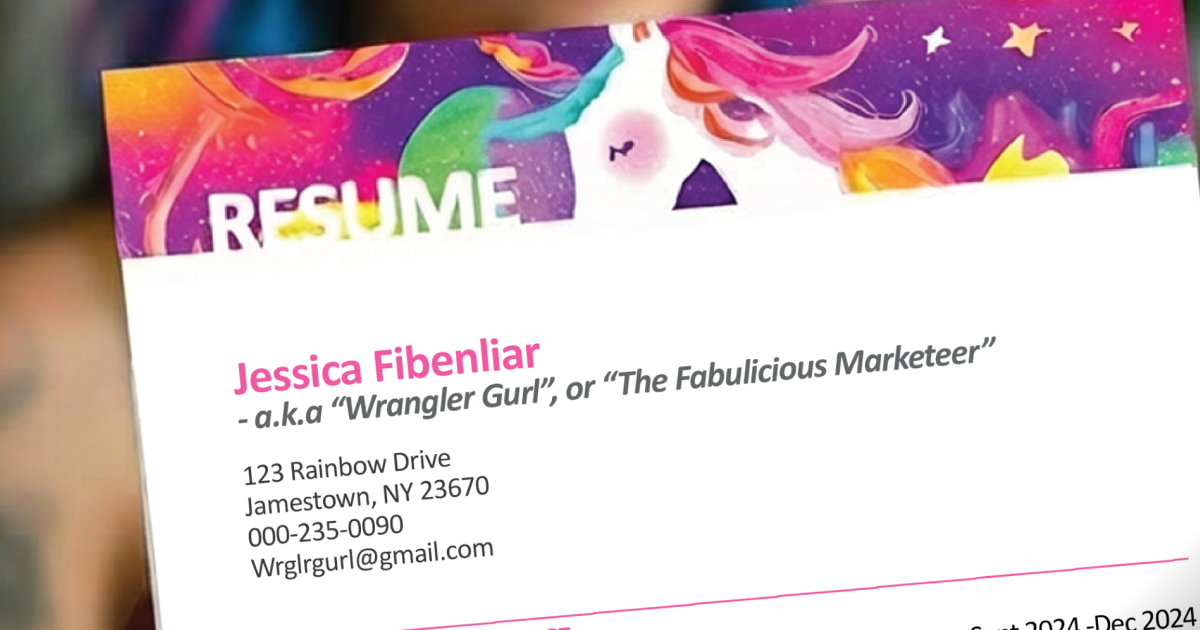 Illustration of a resume with crossed-out, over-designed formatting